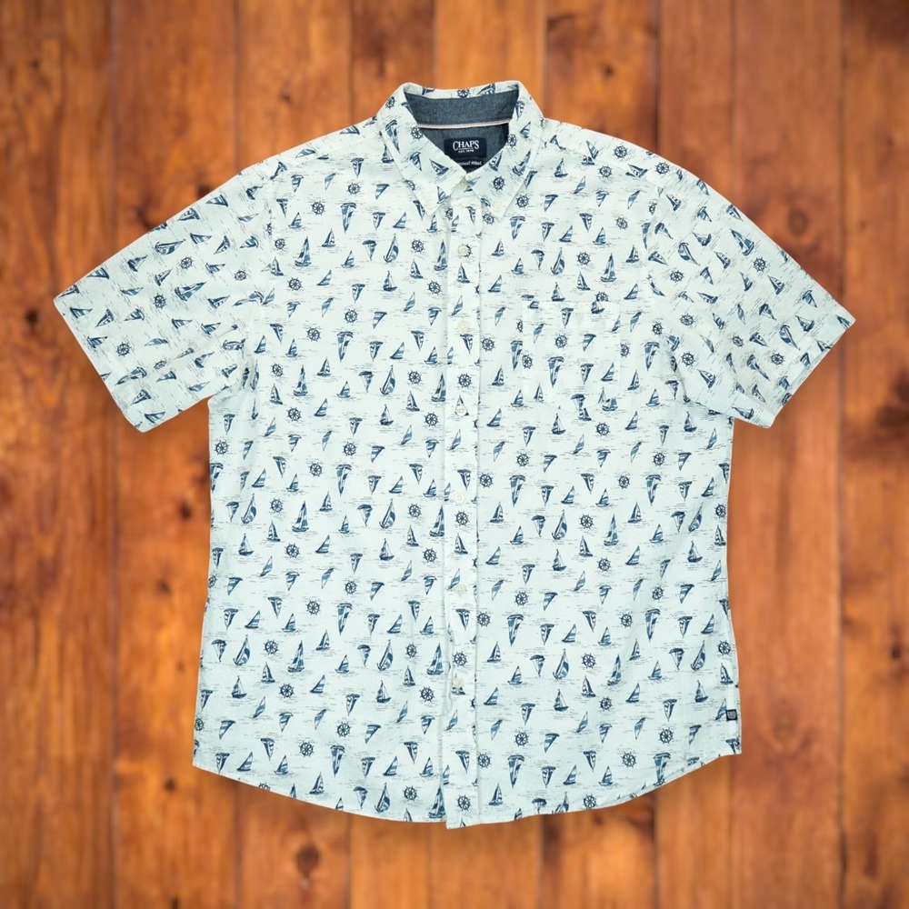 Chaps Seacoast Wash Shirt White Nautical Print Button Up Short Sleeve Mens Large